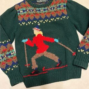 Ralph Lauren Green and Red Crewneck with Vintage Ski Design